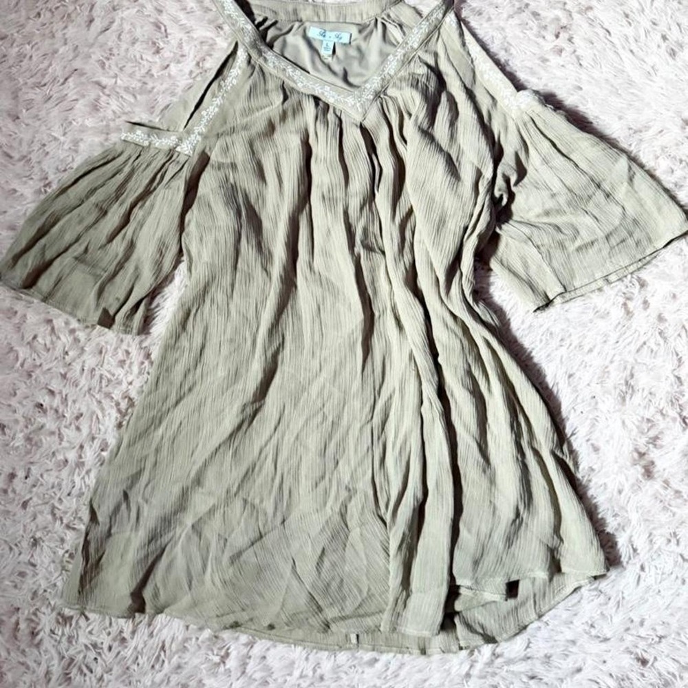Boho Earthy Embroidered Hippie Indie Cold Shoulder Flowy Dress Womens L Peasant